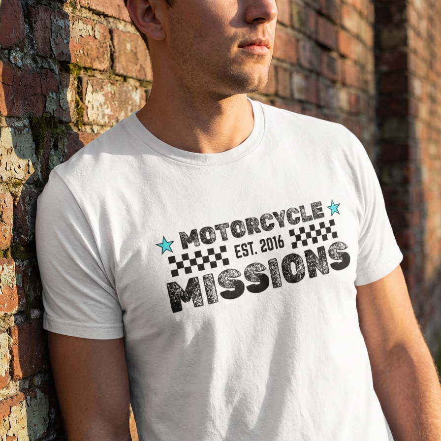 TEE - MOTORCYCLE MISSIONS, HEATHER WHITE