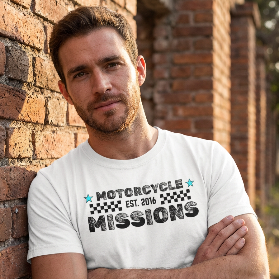 TEE - MOTORCYCLE MISSIONS, HEATHER WHITE