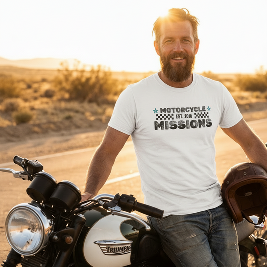TEE - MOTORCYCLE MISSIONS, HEATHER WHITE